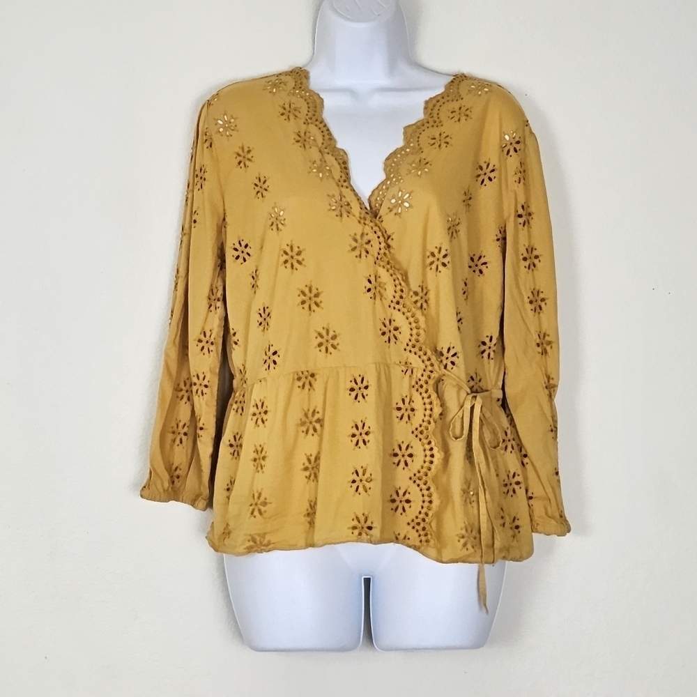 Madewell Scalloped Eyelet Wrap Blouse Mustard Yellow Boho Top - Picture 4 of 15